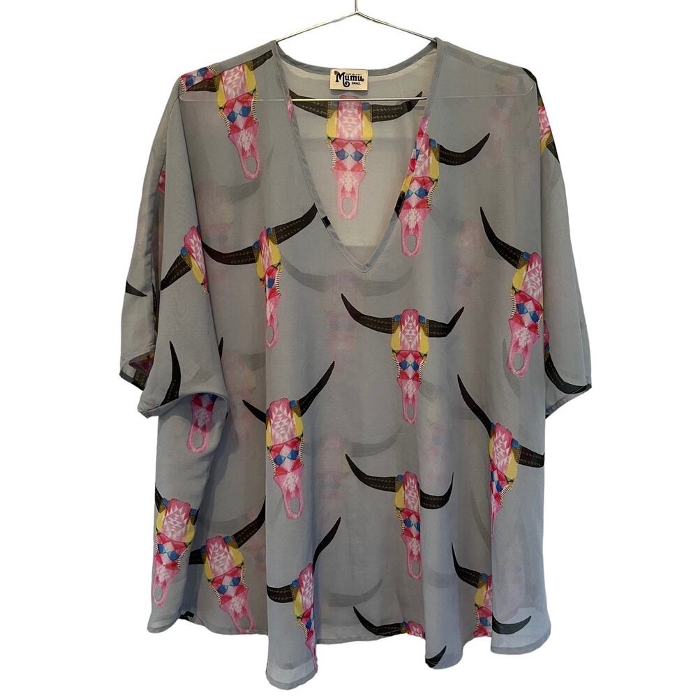 Show Me Your Mumu Donna Michelle Cow Skull Tunic Gray Blue Blouse Size S - Picture 1 of 5